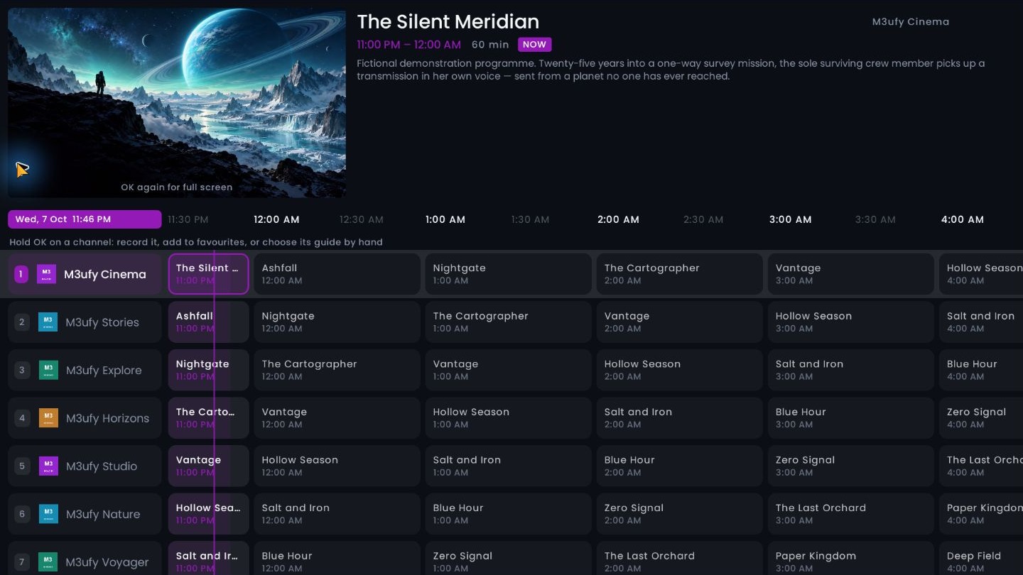 M3ufy TV Guide with a channel list, timeline and programme details, using fictional demonstration content