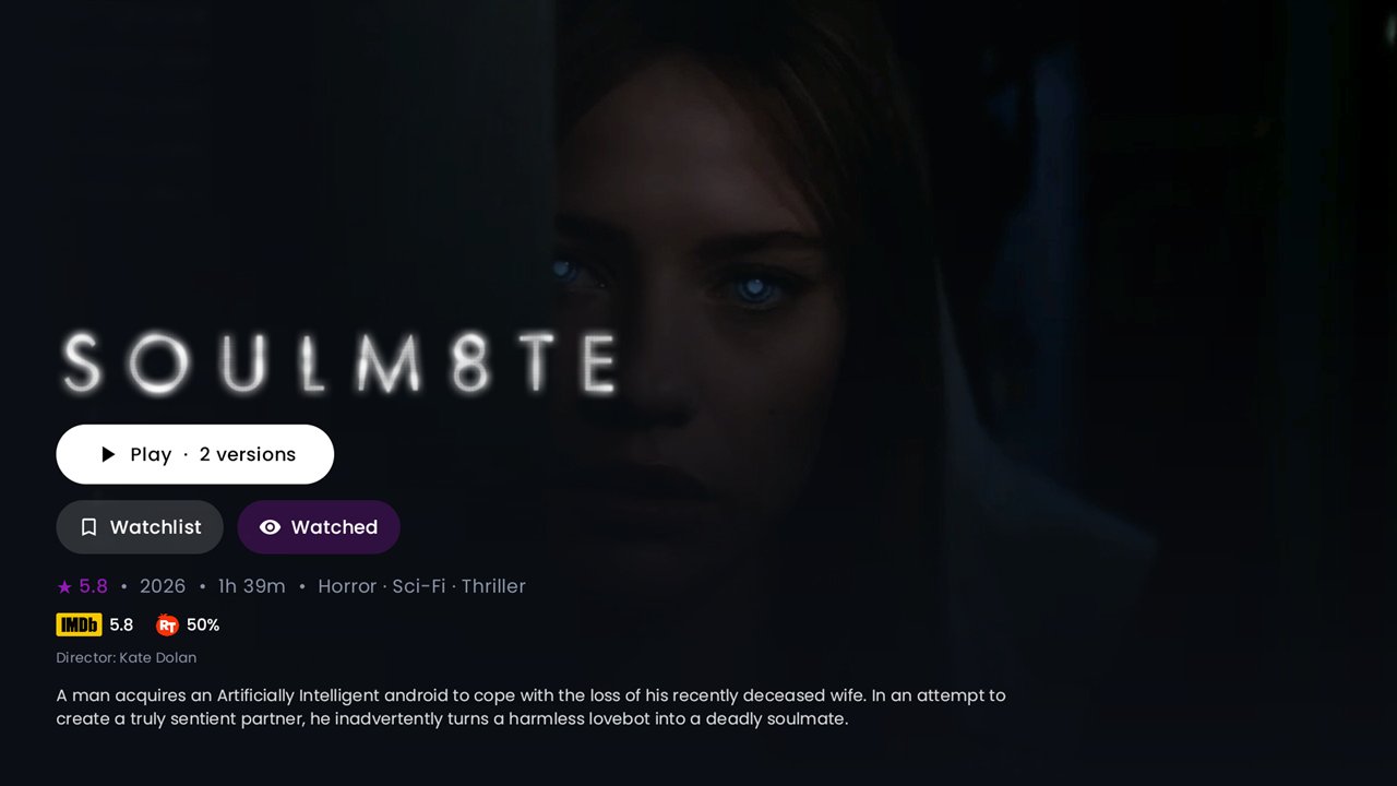 A film's detail page with its title logo, ratings from IMDb and Rotten Tomatoes, and a Play button offering two versions