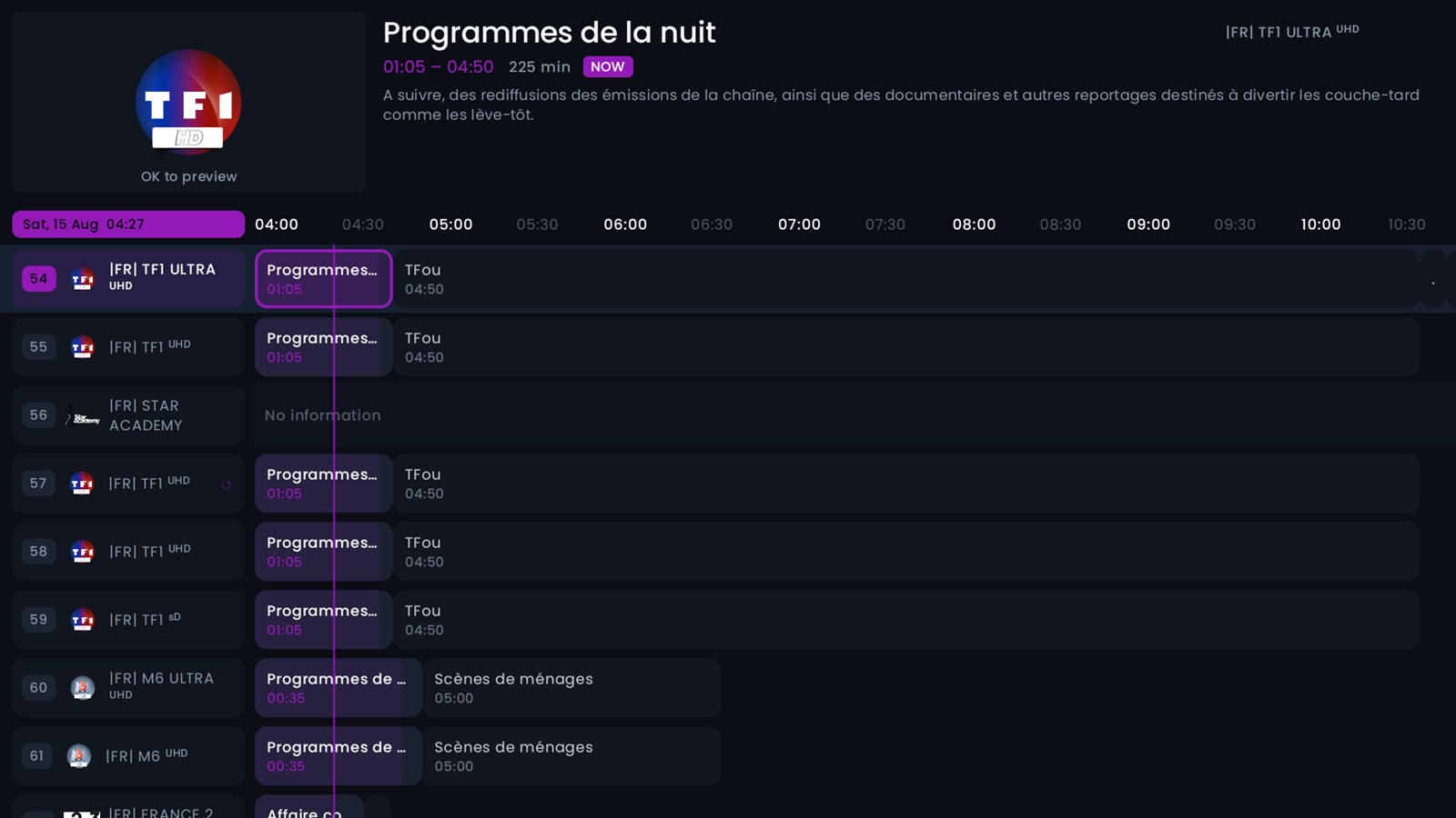 The TV guide: channels down the side, the schedule across the top, a line marking the current minute