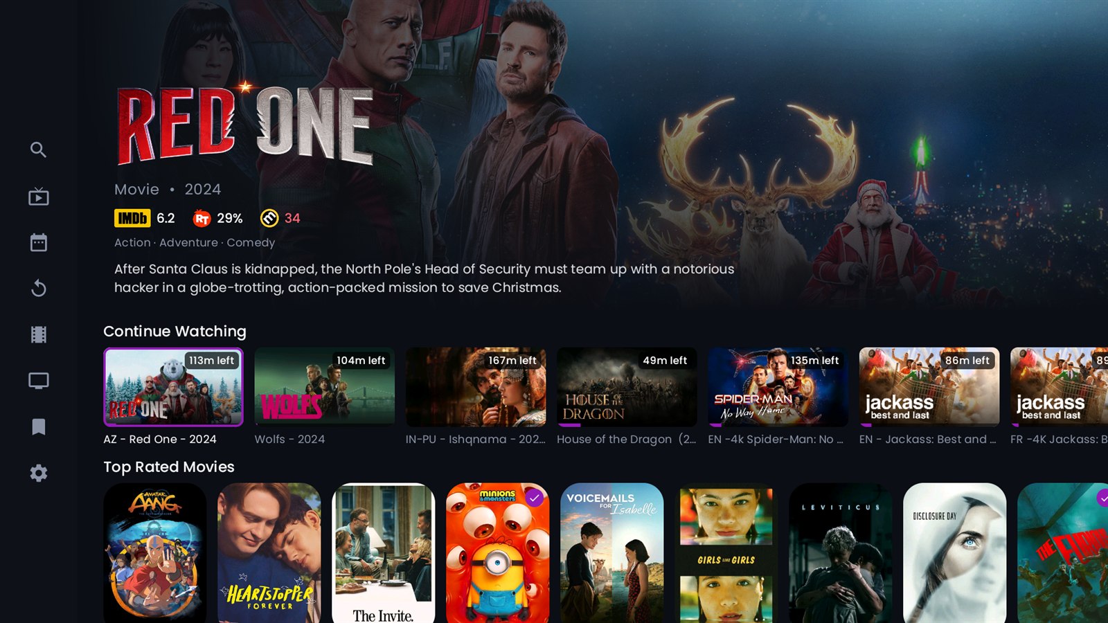 M3ufy Player home screen on Android TV — a title showing its own logo, ratings and plot, with Continue Watching and rows of posters beneath
