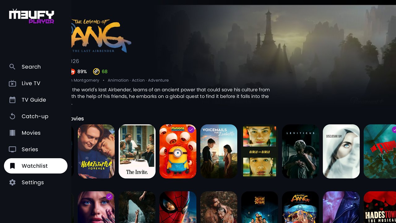 The side menu expanded over the home screen, showing Search, Live TV, TV Guide, Catch-up, Movies, Series, Watchlist and Settings